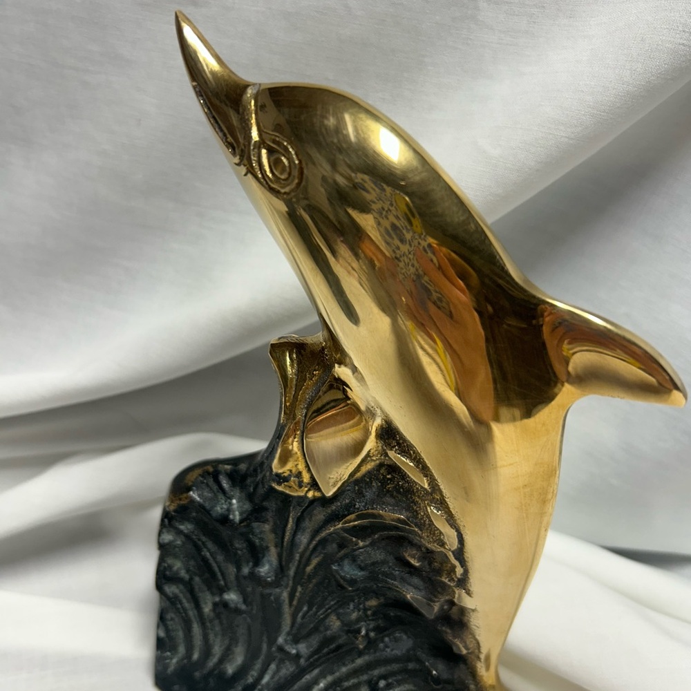 Vintage Brass Metal Dolphin With Ocean Waves Nautical Bookends MCM 70s - Picture 7 of 16